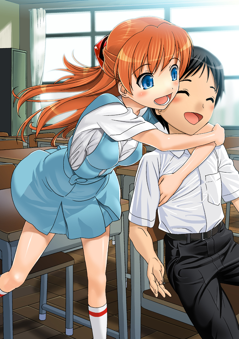 1boy 1girl black_hair black_olive game_cg happy highres hug ikari_shinji jumping looking_at_another neon_genesis_evangelion orange_hair school_uniform short_hair sitting souryuu_asuka_langley sugaishi twintails