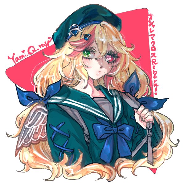 1girl alternate_costume backpack bag beret black_hat black_shirt blonde_hair blue_bow blue_ribbon bow colored_sclera fake_wings game_no_yumeko hair_ornament hair_ribbon hat heart heart_hair_ornament heterochromia long_hair looking_to_the_side macross macross_delta macross_delta:_zettai_live!!!!!! multicolored_hair red_hair red_sclera ribbon school_uniform serafuku shirt solo streaked_hair very_long_hair wings yami_freyja