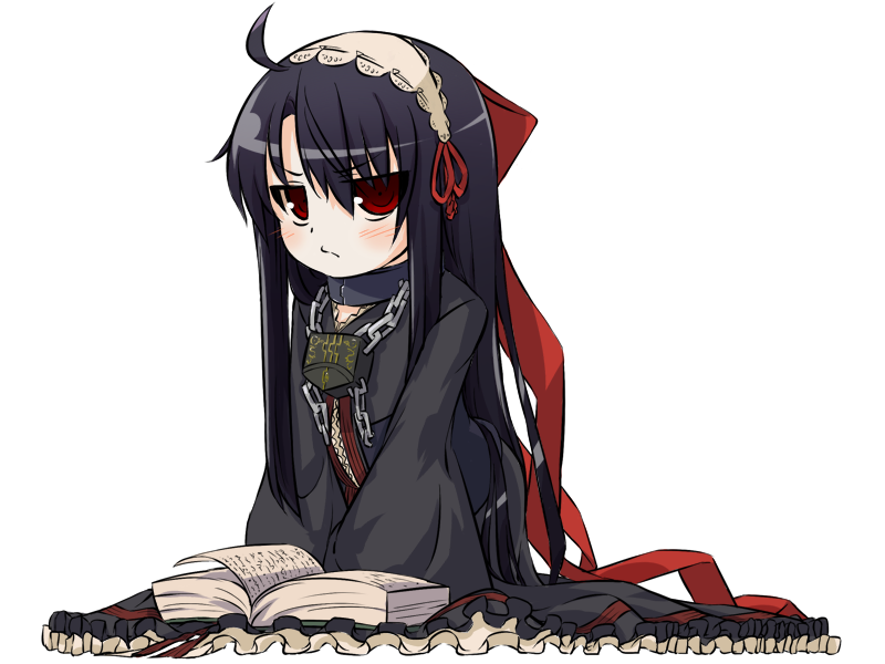 10s 1girl ahoge bad_id bad_pixiv_id black_hair book chain chibi dalian dantalian_no_shoka dress female_focus gothic_lolita hairband lock lolita_fashion long_hair padlock red_eyes ribbon rumirukusu sitting solo