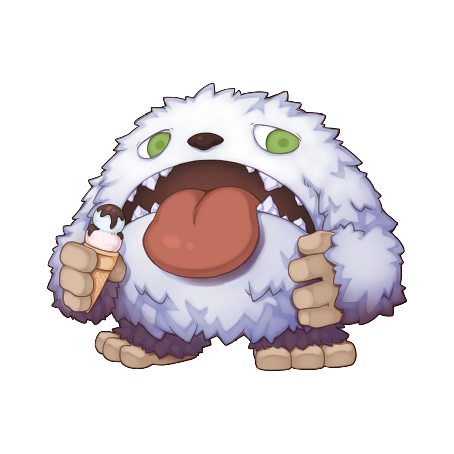 chibi chibi_only chocolate_syrup creature food full_body green_eyes holding holding_food holding_ice_cream ice_cream ice_cream_cone no_humans official_art open_mouth ragnarok_online sharp_teeth simple_background snowier solo teeth tongue tongue_out transparent_background yuichirou