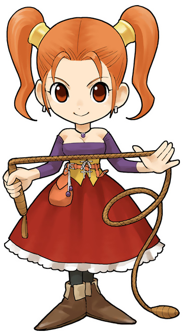 1girl breasts cleavage corset dragon_quest dragon_quest_viii dress earrings female_focus holding holding_weapon itadaki_street jessica_albert jewelry looking_at_viewer medium_breasts official_art purple_shirt red_dress red_eyes red_hair shirt short_twintails simple_background smile solo square_enix standing strapless strapless_dress twintails weapon whip white_background