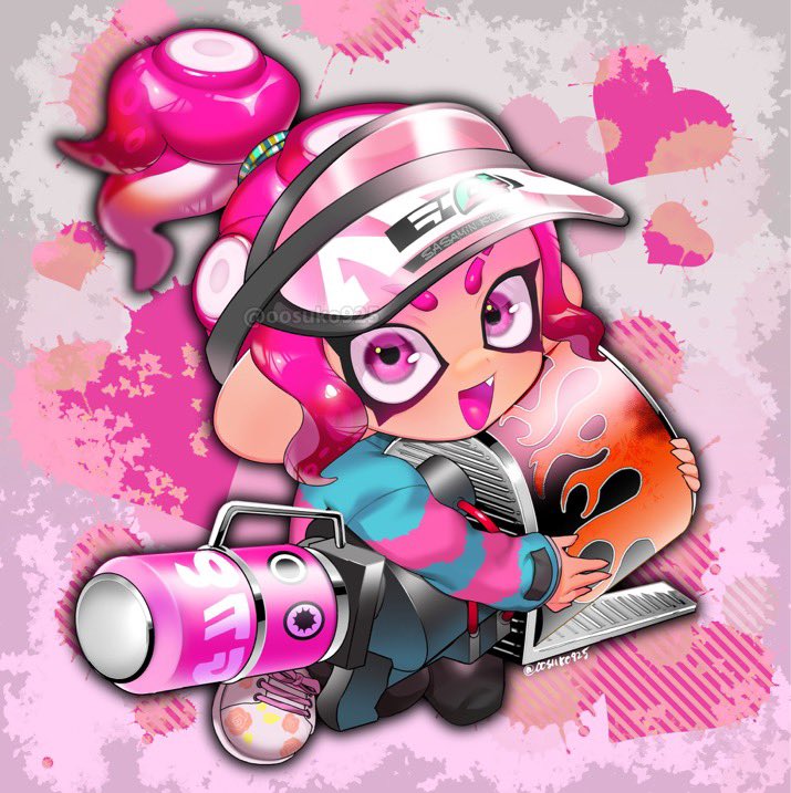 1girl blaster_(splatoon) blue_sweater chibi chibi_only commentary english_commentary eyebrow_cut fang full_body hair_ornament hair_scrunchie hat holding holding_weapon hugging_object long_sleeves looking_at_viewer multicolored_scrunchie naoki_(oosuko) nintendo octoling octoling_girl octoling_player_character open_mouth pink_eyes pink_hair pink_hat pink_sweater scrunchie short_ponytail sidelocks solo splatoon_(series) striped_clothes striped_sweater suction_cups sweater tentacle_hair two-tone_sweater v-shaped_eyebrows visor_cap watermark weapon white_footwear