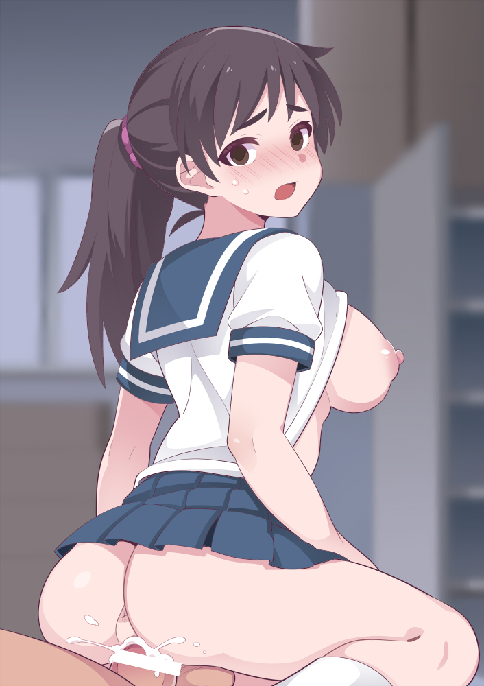 1boy 1girl anus ass blue_skirt blush breasts brown_eyes brown_hair clothes_lift commentary cum cum_in_pussy empty_eyes hammer_(sunset_beach) hetero large_breasts looking_at_viewer nipples no_bra open_mouth original ponytail reverse_cowgirl_position school_uniform serafuku sex sex_from_behind shirt shirt_lift skirt straddling vaginal white_shirt