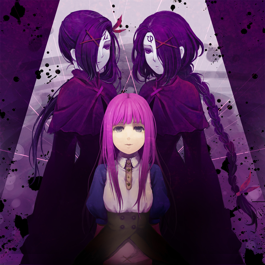 3girls bad_id bad_pixiv_id braid cape dress facial_mark grey_eyes hair_ornament hair_over_one_eye hair_ribbon hairclip long_hair moira mu_(sound_horizon) multiple_girls phi_(sound_horizon) purple_eyes purple_hair ribbon riku_(me-in) sound_horizon thanatos-ko thanatos_(album)