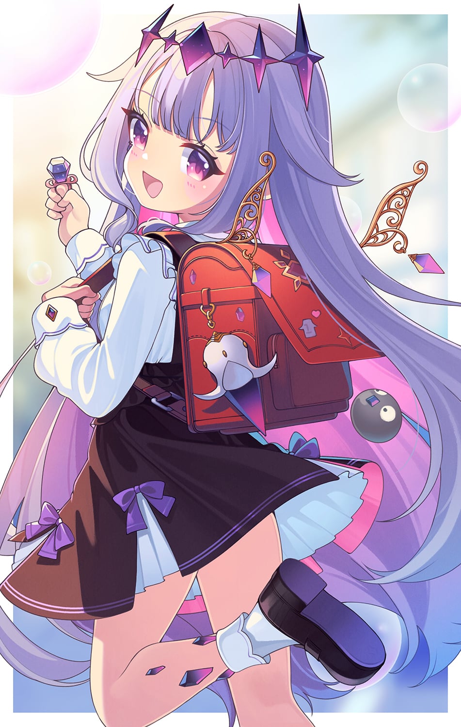 1girl backpack bag blush bubble candy colored_inner_hair crown dress eskimofox facing_viewer fairy_wings food from_behind gem hair_flaps highres hololive hololive_english koseki_bijou legs long_hair looking_at_viewer multicolored_hair open_mouth pebble_(koseki_bijou) purple_eyes purple_hair randoseru ring_pop shoe_soles shoes smile solo very_long_hair virtual_youtuber wings