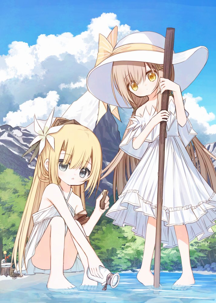 2girls :o ass bare_shoulders barefoot blonde_hair blue_sky bottle bow brown_bow brown_eyes brown_hair closed_mouth cloud cloudy_sky commentary convenient_leg day dress flower grey_hair hair_between_eyes hair_flower hair_ornament halterneck hat hat_bow holding holding_bottle lid long_hair mountain multiple_girls off-shoulder_dress off_shoulder original outdoors parted_lips shallow_water sky squatting standing striped_bow symbol-only_commentary very_long_hair water white_dress white_flower white_hat yuuhagi_(amaretto-no-natsu)