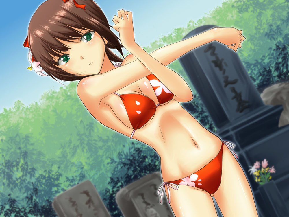 1girl amami_haruka bikini blush brown_hair cowboy_shot dutch_angle female_focus flower green_eyes hair_flower hair_ornament hair_ribbon idolmaster idolmaster_(classic) looking_at_viewer print_bikini red_bikini ribbon short_hair side-tie_bikini_bottom solo standing stretching string_bikini swimsuit tame_meshi