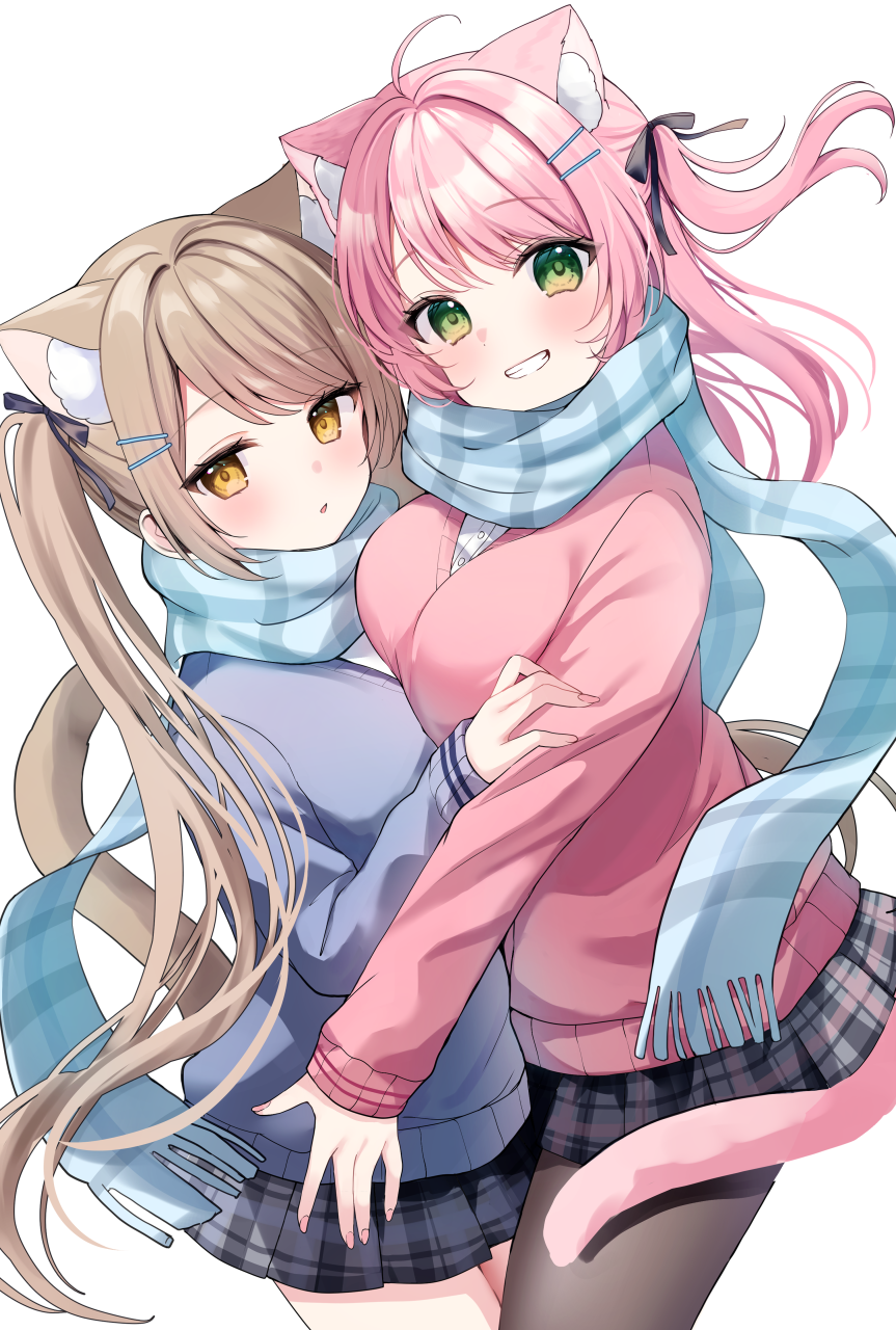 :o animal_ears blue_sweater blush breasts brown_hair brown_pantyhose cat_ears green_eyes grey_skirt hair_ornament hairclip hamico highres large_breasts long_hair looking_at_viewer open_mouth original pantyhose pink_hair pink_sweater plaid_clothes plaid_skirt pleated_skirt scarf simple_background skirt small_breasts smile sweater twintails white_background yellow_eyes