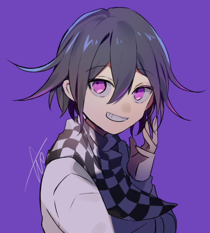 1boy black_hair checkered_clothes checkered_scarf commentary commentary_request danganronpa_(series) danganronpa_v3:_killing_harmony flipped_hair from_side grin hair_between_eyes hand_up huyuharu0214 jacket long_sleeves looking_at_viewer male_focus oma_kokichi purple_background purple_eyes purple_hair purple_theme scarf signature simple_background smile solo upper_body