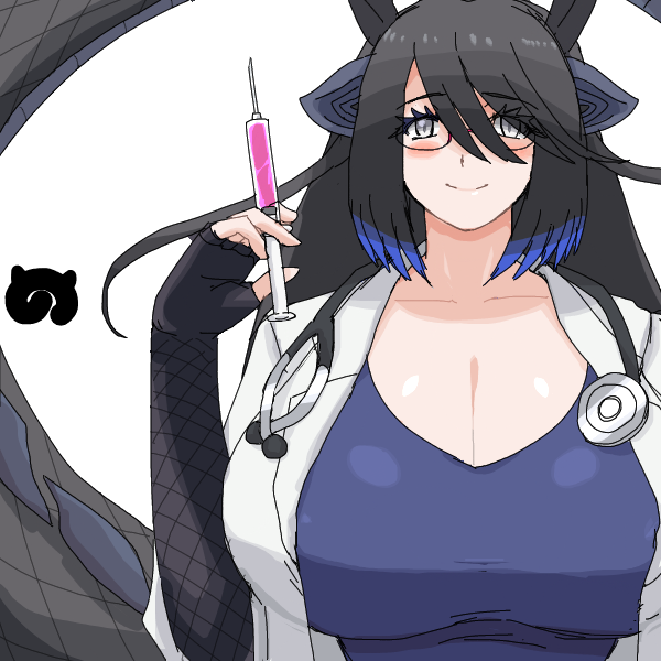 1girl animal_ears black_dragon_(kemono_friends) black_hair blue_hair blush breasts cleavage coat doctor dragon_ears dragon_girl dragon_horns dragon_tail extra_ears fingerless_gloves gloves grey_eyes holding holding_syringe horns huge_breasts japari_symbol kemono_friends kemono_friends_3 kusamogura lab_coat long_hair looking_at_viewer multicolored_hair multicolored_horns open_clothes open_coat scale_print shirt solo stethoscope syringe tail white_coat
