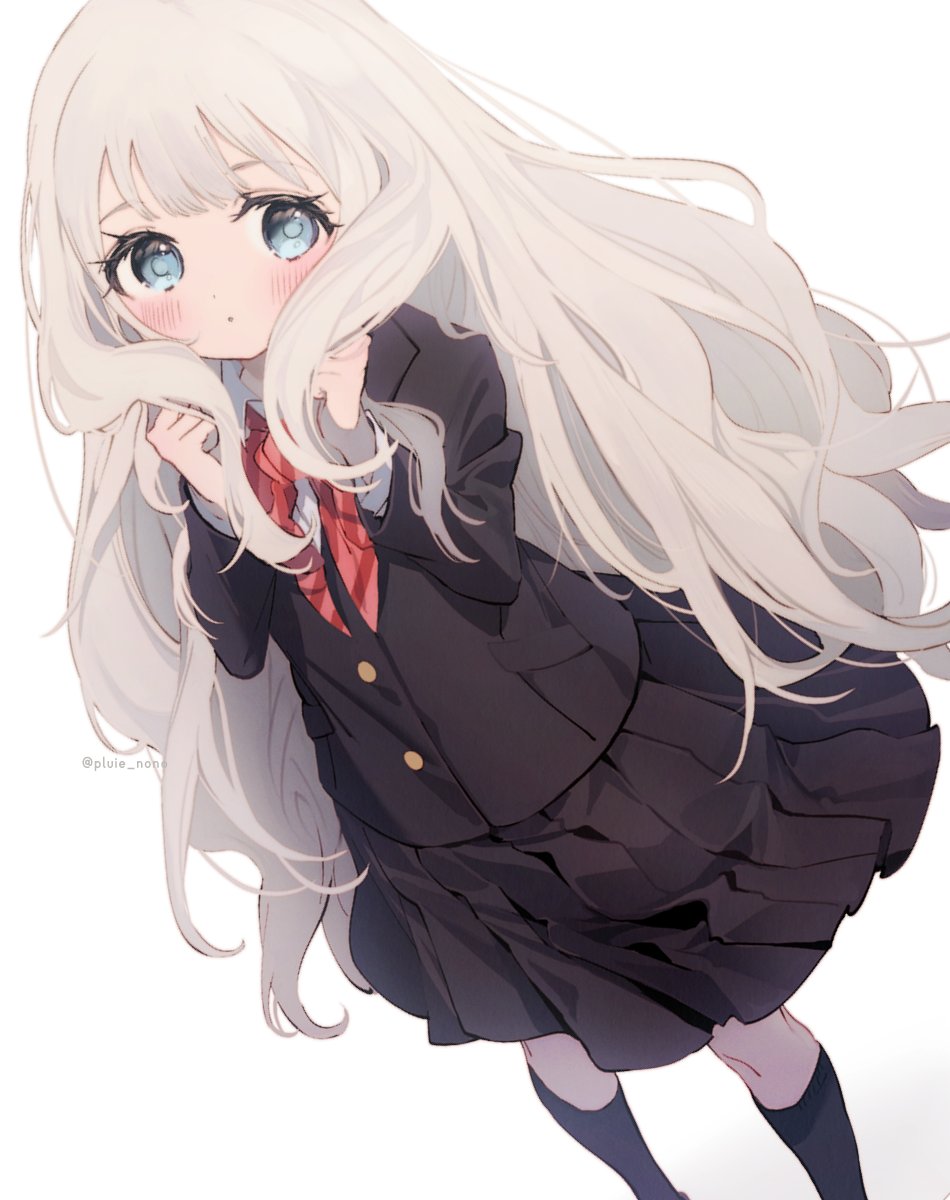 1girl akebi-chan_no_serafuku amenosaka_nono black_skirt black_socks blue_eyes blush bow bowtie closed_mouth dot_mouth dot_nose dutch_angle grey_hair highres hiraiwa_hotaru holding holding_own_hair jacket kneehighs looking_at_viewer pleated_skirt school_uniform simple_background skirt socks solo twitter_username white_background