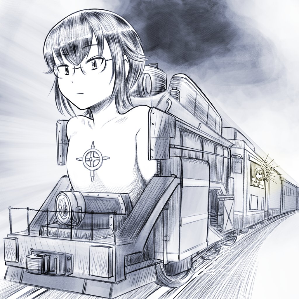 2girls akimotsu_(akim_x) commentary_request expressionless glasses greyscale hair_flaps itou_hikari komiyama_kotomi mechanization monochrome multiple_girls short_hair train train_conductor twintails watashi_ga_motenai_no_wa_dou_kangaetemo_omaera_ga_warui!