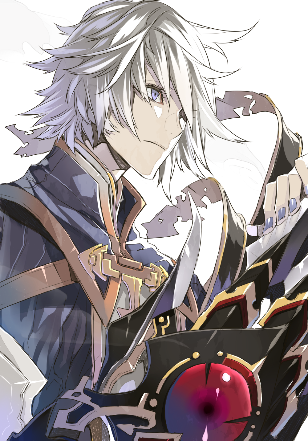 1boy atelier_(series) bishounen blue_eyes eyelashes fingernails highres hoe-l jacket male_focus mana_khemia mana_khemia_(series) messy_hair simple_background solo sword vayne_aurelius weapon white_background white_hair