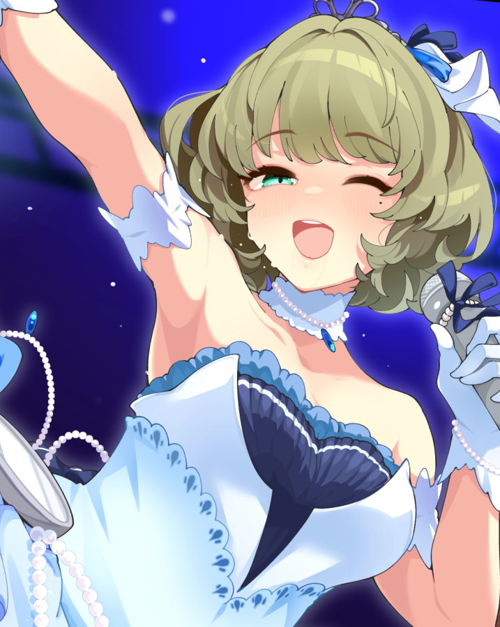 1girl ;d arm_up armpits bare_shoulders bob_cut breasts commentary_request commission dress green_hair holding holding_microphone idolmaster idolmaster_cinderella_girls jewelry looking_at_viewer medium_breasts microphone mole mole_under_eye necklace one_eye_closed open_mouth pearl_necklace skeb_commission smile solo starry_sky_bright_(idolmaster) strapless strapless_dress takagaki_kaede takato_kurosuke teeth upper_body upper_teeth_only white_dress