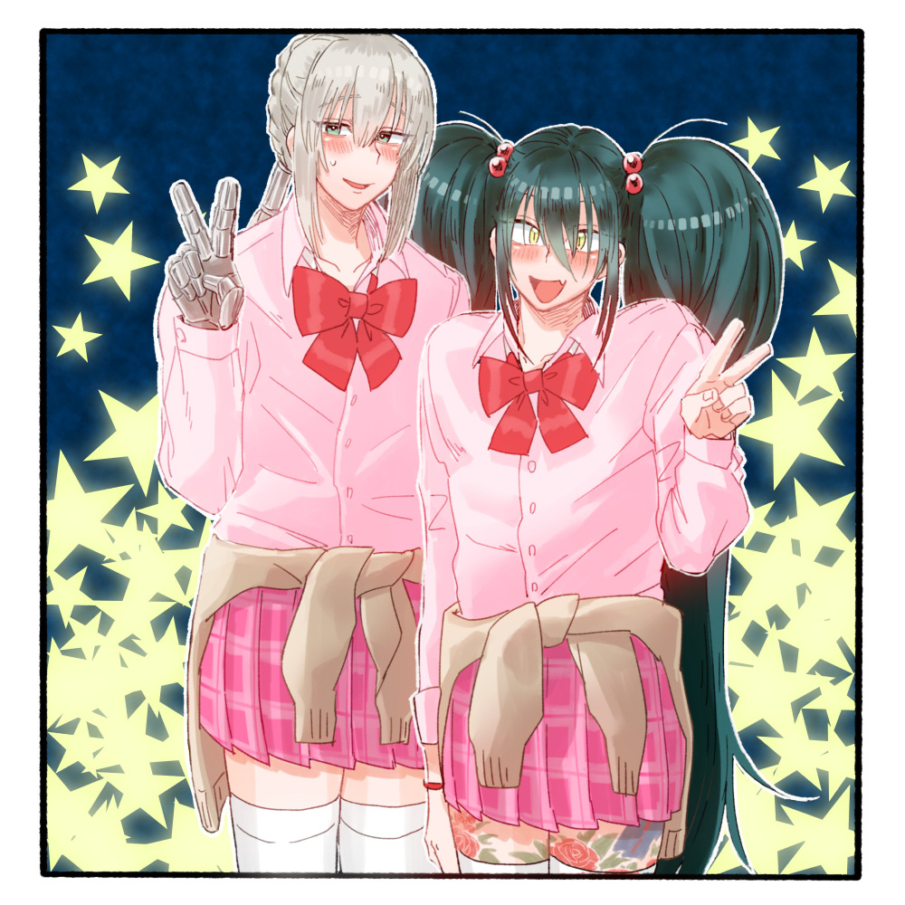 2boys alternate_costume alternate_hairstyle bedivere_(fate) blue_background border bow bowtie brown_cardigan buttons cardigan cardigan_around_waist clothes_around_waist collared_shirt commentary_request cowboy_shot crossdressing fang fate/grand_order fate_(series) flower_tattoo gauntlets gedougawa green_eyes green_hair grey_hair hair_between_eyes hair_tubes leg_tattoo long_bangs long_hair looking_at_viewer male_focus multiple_boys open_mouth pink_shirt pink_skirt pleated_skirt red_bow red_bowtie shirt skin_fang skirt smile star_(symbol) tattoo thighhighs twintails v very_long_hair white_border white_thighhighs yan_qing_(fate) yellow_eyes