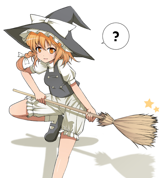 1girl ? bad_id bad_pixiv_id blonde_hair bloomers bow braid broom female_focus hair_bow hat kirisame_marisa no_pants short_hair smile solo touhou underwear witch witch_hat yatsune_rika yellow_eyes