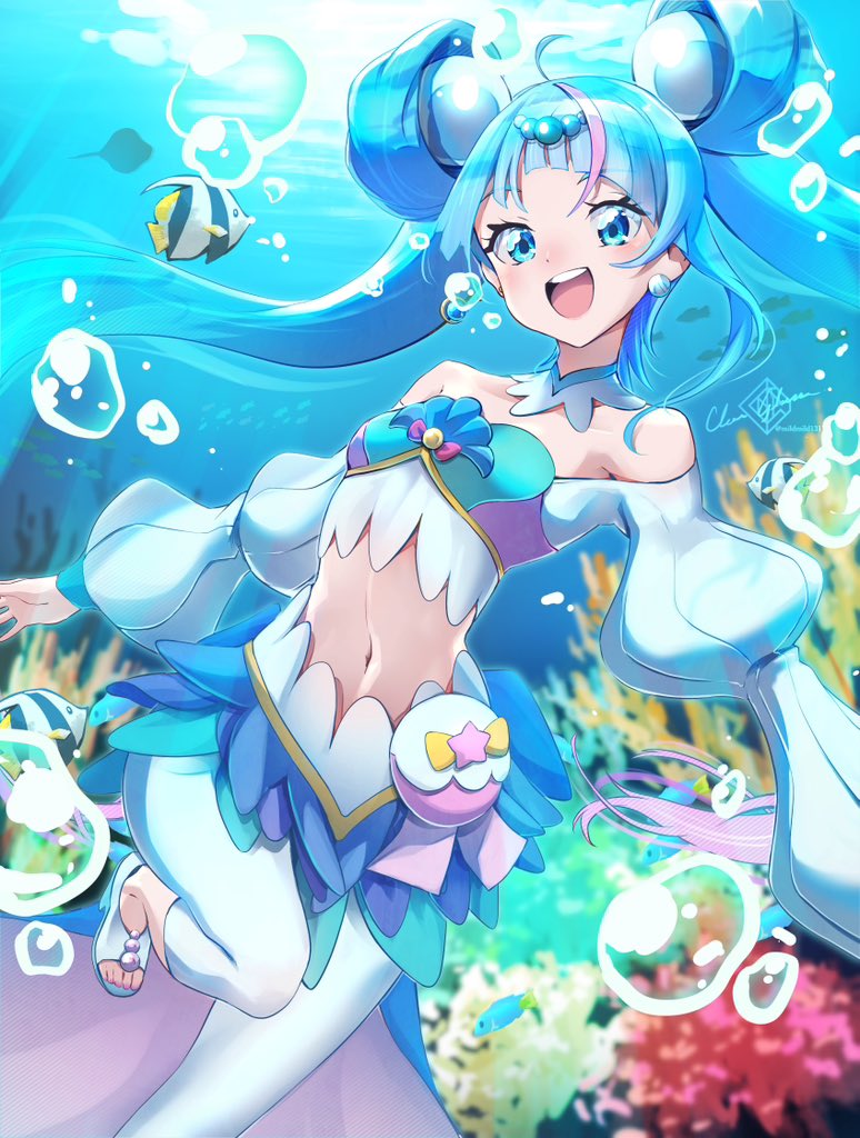 1girl :d aqua_eyes aqua_hair artist_name bare_shoulders choker clear_glass_(mildmild1311) commentary_request cosplay crop_top crossover cure_la_mer cure_la_mer_(cosplay) cure_sky double_bun earrings eyelashes fish hair_bun hair_ornament happy hirogaru_sky!_precure in-franchise_crossover jewelry long_hair long_sleeves looking_at_viewer magical_girl midriff multicolored_hair navel open_mouth pearl_hair_ornament pink_hair platform_footwear platform_heels precure puffy_long_sleeves puffy_sleeves signature skirt smile solo sora_harewataru streaked_hair tropical-rouge!_precure twintails twitter_username two-tone_hair underwater