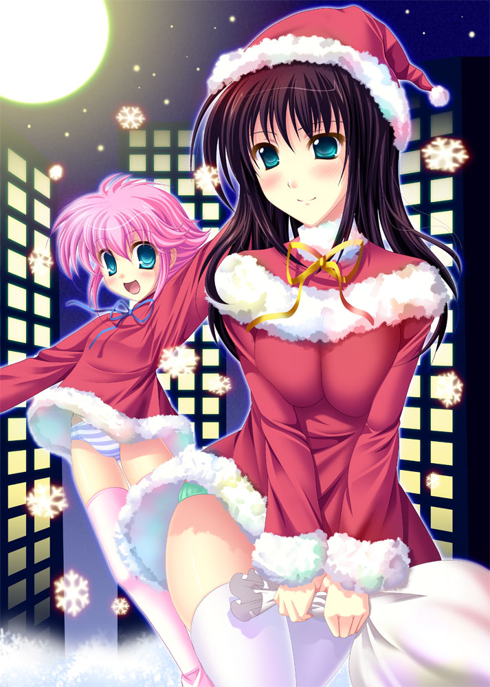 2girls black_hair blush breasts christmas green_eyes hat long_hair mail_beater matsunami_rumi mel_peter multiple_girls panties pink_hair santa_costume santa_hat setsuko_ohara short_hair striped_clothes striped_panties super_robot_wars super_robot_wars_z super_robot_wars_z1 thighhighs underwear