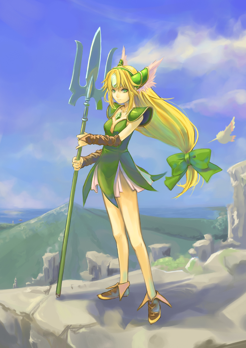 1girl blonde_hair bow bridal_gauntlets female_focus green_eyes hair_bow long_hair low-tied_long_hair mizore_akihiro polearm riesz seiken_densetsu seiken_densetsu_3 solo spear very_long_hair weapon