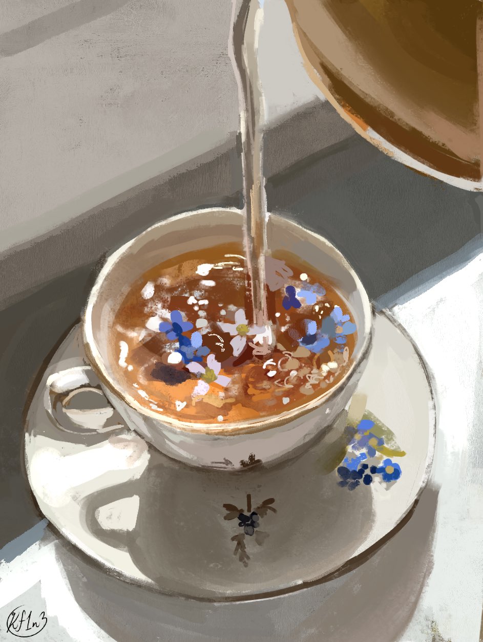 artist_name blue_flower cup drink flower food_focus from_above highres kay_(kf1n3) no_humans original pouring saucer signature sketch still_life tea teacup teapot