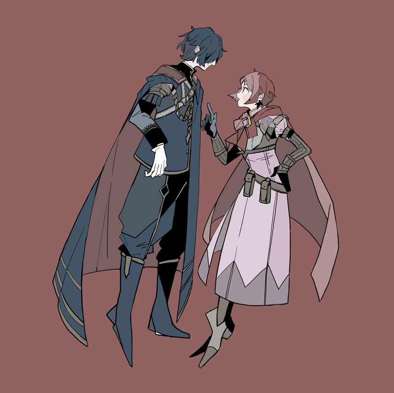 1boy 1girl artist_request black_hair cape closed_mouth dress fire_emblem fire_emblem:_three_houses fire_emblem_warriors:_three_hopes gloves hair_ornament hair_over_one_eye hubert_von_vestra long_hair long_sleeves monica_von_ochs nintendo official_alternate_costume official_alternate_hairstyle red_eyes red_hair short_hair simple_background smile