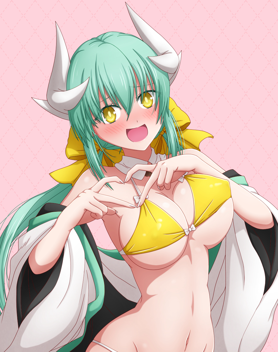 1girl bare_shoulders bikini blush bow breasts cleavage detached_collar dragon_girl dragon_horns fate/grand_order fate_(series) green_hair hair_bow hasebe_akira heart heart_hands highres horns japanese_clothes kimono kiyohime_(fate) kiyohime_(fate/grand_order) kiyohime_(swimsuit_lancer)_(fate) large_breasts long_hair long_sleeves looking_at_viewer off_shoulder open_mouth smile solo swimsuit white_kimono wide_sleeves yellow_bikini yellow_bow yellow_eyes