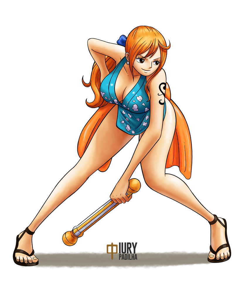 1girl arm_tattoo artist_name bow breasts closed_mouth collarbone commentary earrings full_body holding iury_padilha japanese_clothes jewelry kimono large_breasts leaning_forward long_hair nami_(one_piece) official_alternate_costume one_piece orange_hair pearl_earrings sandals shiranui_mai short_kimono shoulder_tattoo smile solo tattoo toes waist_bow weapon white_background