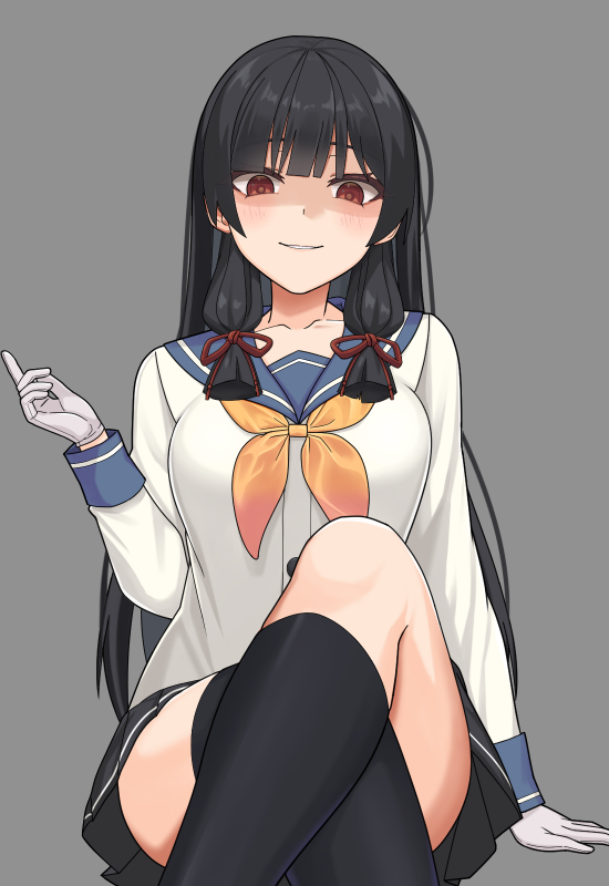 1girl asymmetrical_legwear black_hair black_skirt black_socks blue_sailor_collar crazy_smile crossed_legs dark_background from_below gloves hair_ribbon hand_up index_finger_raised isokaze_(kancolle) kantai_collection kneehighs long_hair looking_down neckerchief palenitre red_eyes red_ribbon ribbon sailor_collar school_uniform serafuku shaded_face shirt single_kneehigh single_sock single_thighhigh sitting skirt smile socks thighhighs tress_ribbon white_gloves white_shirt yellow_neckerchief