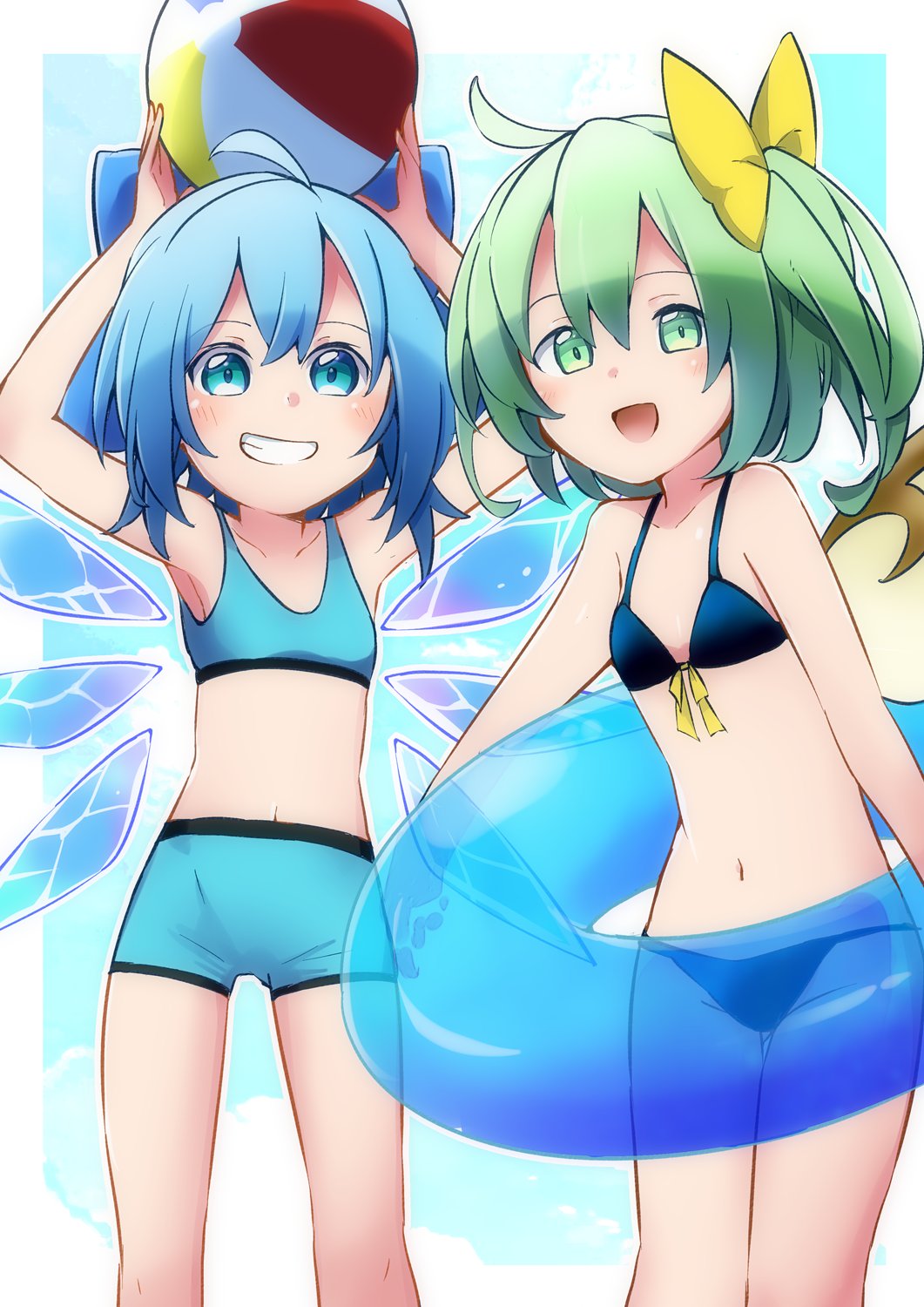 2girls :d ahoge arms_up ball bare_arms bare_legs bare_shoulders beachball bikini bikini_shorts black_bikini blue_bow blue_eyes blue_hair bow cirno commentary commission daiyousei fairy_wings flat_chest green_eyes green_hair grin hair_between_eyes hair_bow highres holding holding_ball holding_beachball ice ice_wings innertube long_hair looking_at_viewer medium_hair midriff multiple_girls navel open_mouth shorts side_ponytail skeb_commission smile stomach swim_ring swimsuit touhou wings yellow_bow yutamaro