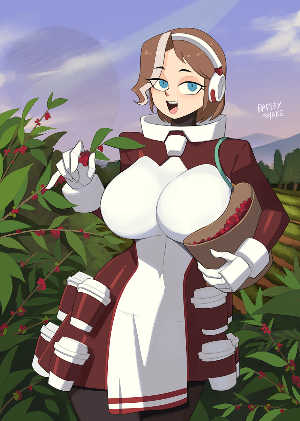 1girl bag barleyshake berry blue_eyes breasts brown_hair cloud cloudy_sky covered_navel cowboy_shot cup gloves half-closed_eyes headphones highres large_breasts leaf multicolored_hair open_mouth original outdoors picking_fruit planetary_ring plant purple_sky short_hair shoulder_bag signature sky smile solo streaked_hair white_gloves