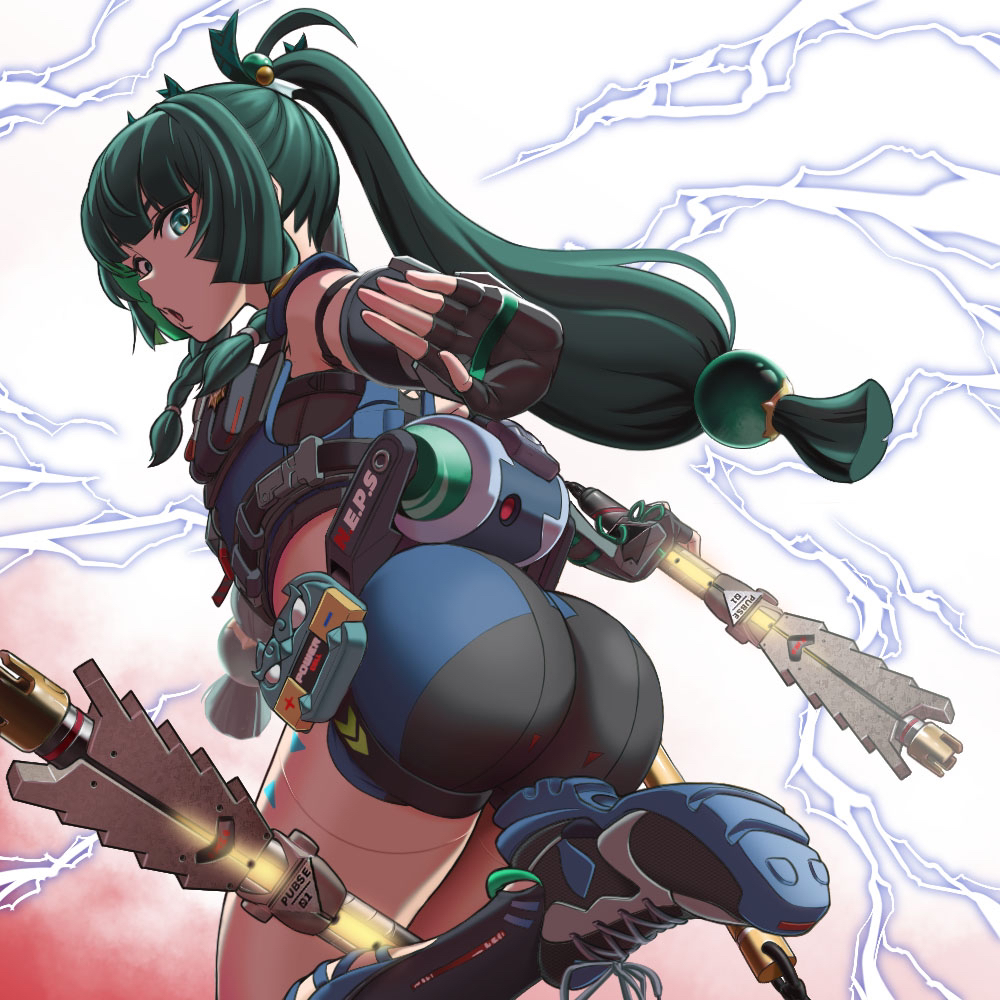 1girl android ass black_gloves blunt_bangs braid fingerless_gloves from_behind gloves green_eyes green_hair holding holding_weapon lightning looking_at_viewer looking_back musashi_moo-sun open_mouth qingyi_(zenless_zone_zero) side_braids sidelocks solo twintails weapon zenless_zone_zero