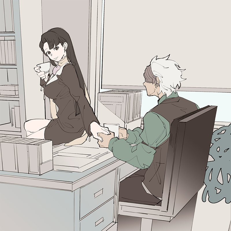 ace_attorney brown_hair cup dark-skinned_male dark_skin desk godot_(ace_attorney) holding_hands kyoii long_hair long_sleeves mask mia_fey office on_desk partially_colored sitting on_desk sketch smile vest white_hair