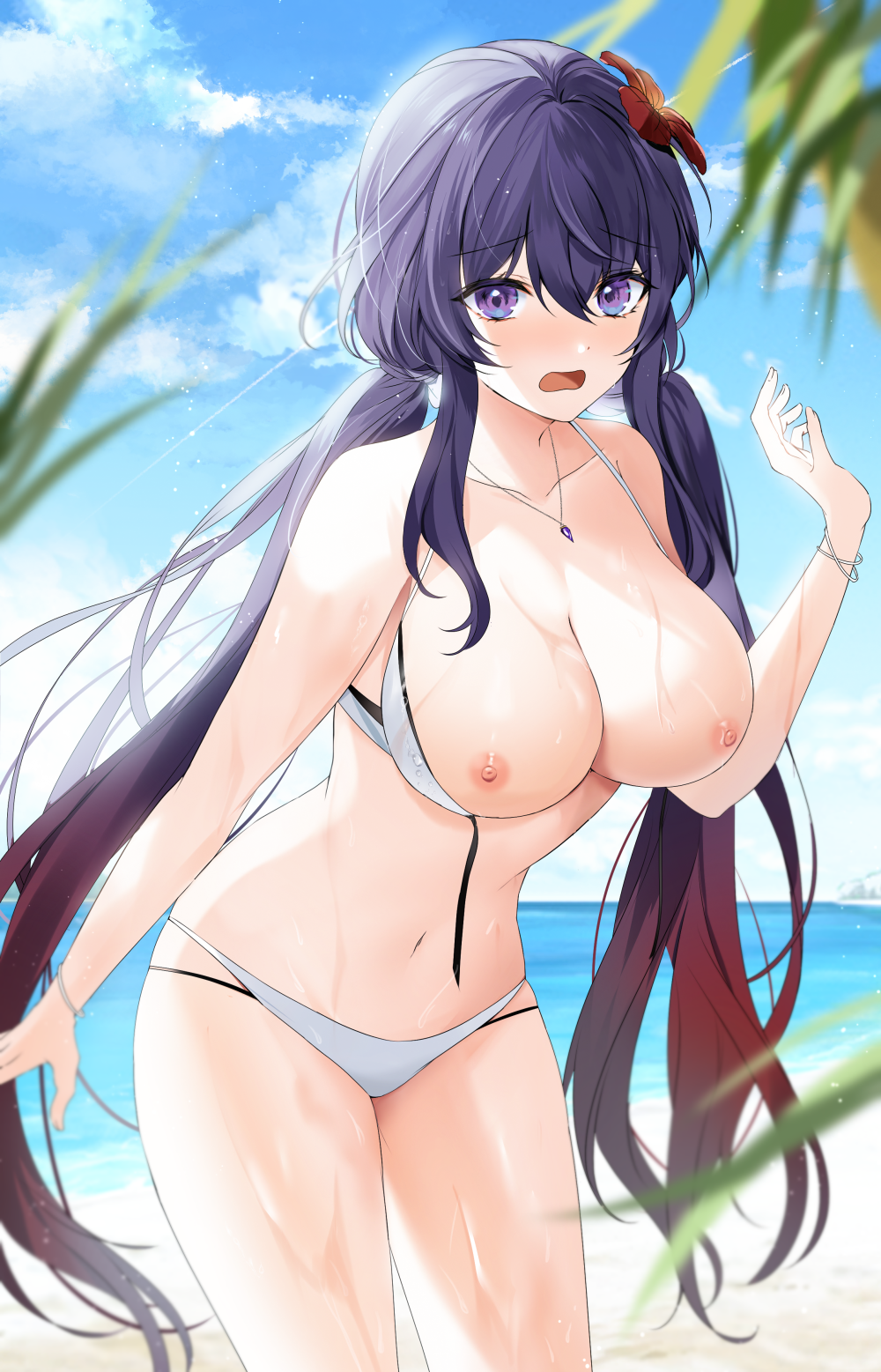 1girl bad_id bad_pixiv_id bangle beach bikini blurry blurry_foreground blush bracelet breasts breasts_out cleavage cloud collarbone cowboy_shot dorook embarrassed flower hair_between_eyes hair_flower hair_ornament highres jewelry large_breasts leaning_forward long_hair midriff multicolored_hair navel necklace nipples ocean open_bikini open_clothes open_mouth original parted_lips purple_eyes purple_hair red_hair sand sky stomach swimsuit thong twintails two-tone_hair waving white_bikini