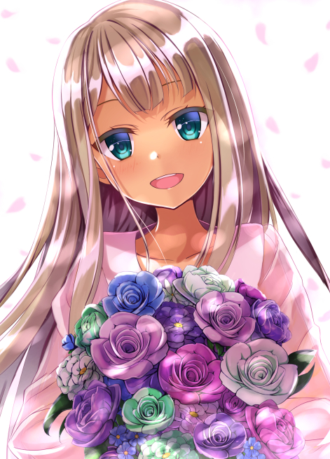 1girl :d alessandra_susu aqua_flower aqua_rose bad_id bad_pixiv_id blonde_hair blue_eyes blush bouquet cherry_blossoms female_focus flower head_tilt long_hair looking_at_viewer open_mouth petals pink_shirt ringed_eyes rose rurukuru shirt smile solo tan tokyo_7th_sisters upper_body white_background