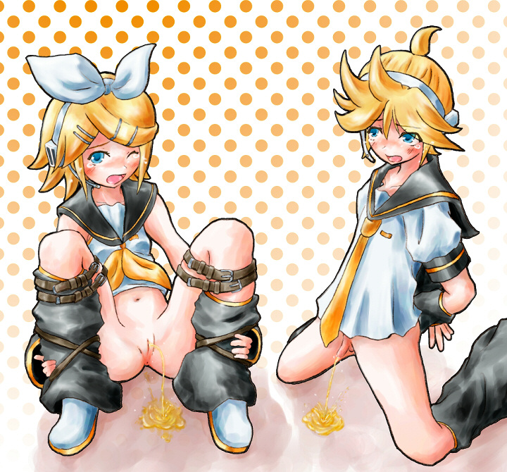 kagamine len, kagamine rin, vocaloid, 1boy, 1girl, blush, bottomless,  brother and sister, hair ornament, headphones, hetero, necktie, open mouth,  peeing, penis, ribbon, shota, siblings, tears, twins - Image View - |  Gelbooru -