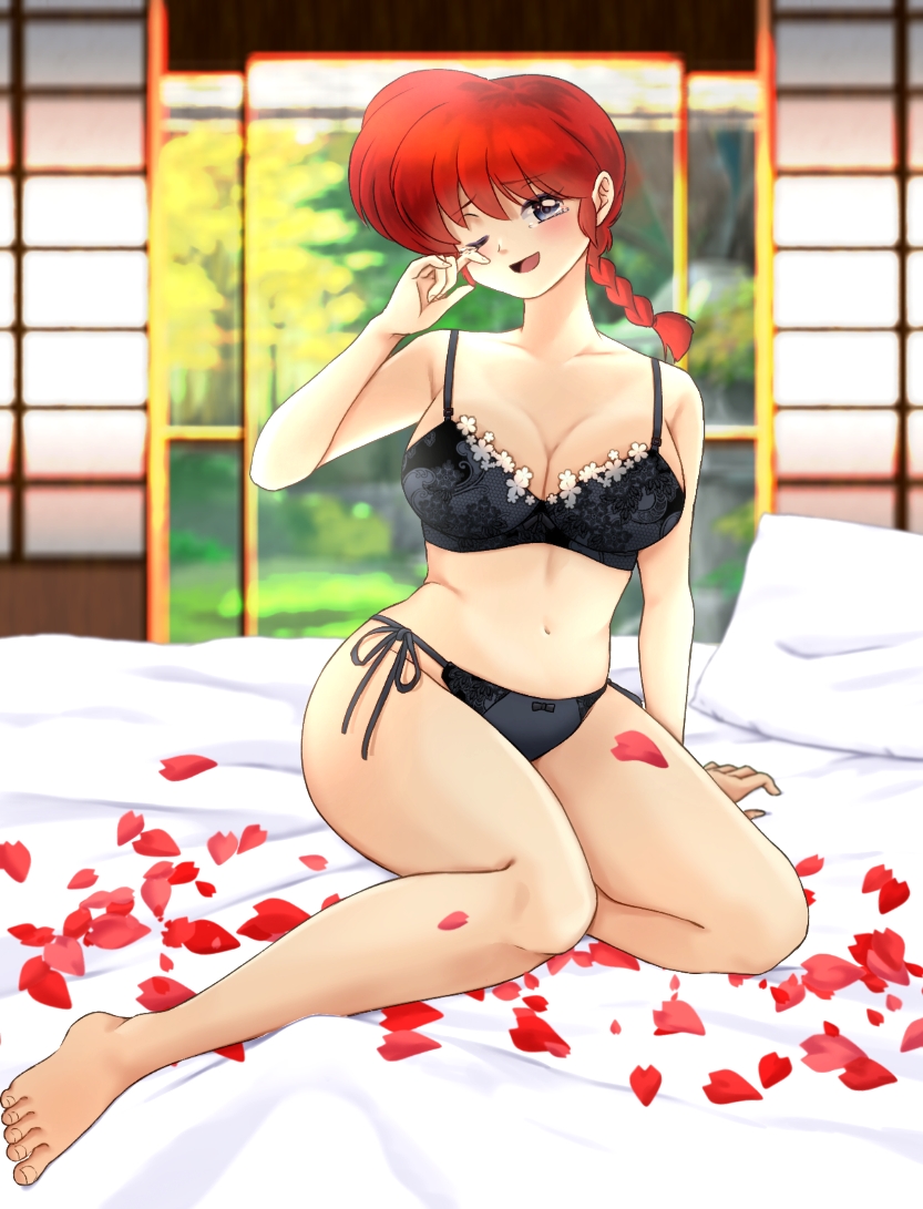 1girl barefoot bed black_bra blue_eyes blurry blurry_background bow bow_panties bra braid braided_ponytail breasts cleavage commentary_request depth_of_field half-closed_eye indoors medium_breasts navel on_bed one_eye_closed panties partial_commentary petals pillow ranma-chan ranma_1/2 red_hair shouji side-tie_panties single_braid sitting sliding_doors solo tears underwear underwear_only wiping_tears yokozuwari yuzukawa_ryo