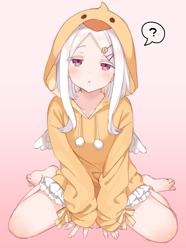 1girl ? animal_hood barefoot chick_costume commentary_request flat_chest full_body hair_ornament hairclip hood hoodie long_hair looking_at_viewer mankai_kaika original parted_lips pink_eyes sitting solo spoken_question_mark wariza white_hair