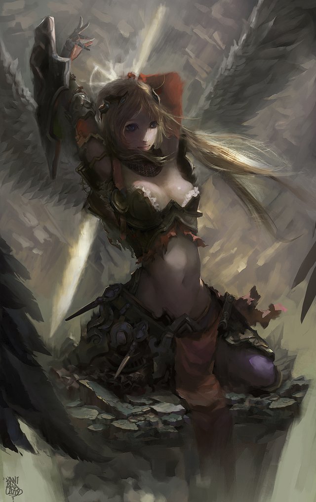 1girl angel_wings arm_behind_back arm_up armor bad_bcy_id bad_id black_scarf blonde_hair blue_eyes boobplate bracelet breastplate breasts chinese_commentary cleavage cliff closed_mouth commentary_request detached_sleeves eyelashes fantasy faulds feathered_wings floating_hair frills full_body guyu_(bcy_929) holding holding_behind_back holding_sword holding_weapon jewelry kneeling large_breasts long_hair long_sleeves looking_ahead navel original pantyhose pink_lips purple_pantyhose red_sleeves scarf shield signature smile solo stomach storm sword weapon white_wings wings