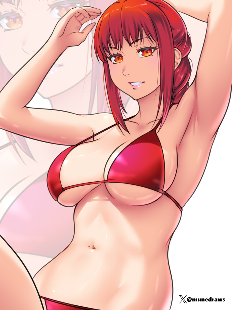 1girl armpits arms_up bare_shoulders bikini chainsaw_man etchimune grin looking_at_viewer makima_(chainsaw_man) medium_hair navel orange_eyes red_bikini red_hair sidelocks smile stomach swimsuit upper_body white_background zoom_layer