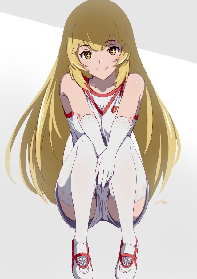 1girl :p anho artist_name blonde_hair brown_eyes collarbone elbow_gloves female_focus full_body gloves gym_shirt gym_shorts gym_uniform long_hair looking_at_viewer shirt shoes shokuhou_misaki shorts simple_background sleeveless sleeveless_shirt sneakers solo sparkling_eyes spider_web_print squatting thighhighs thighs toaru_kagaku_no_mental_out toaru_kagaku_no_railgun toaru_kagaku_no_railgun_t toaru_majutsu_no_index tongue tongue_out white_footwear white_gloves white_shirt white_shorts white_thighhighs