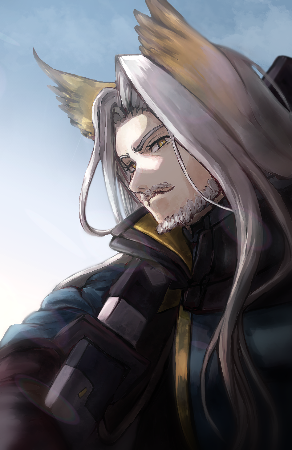 1boy animal_ears arknights beard facial_hair grey_hair head_wings hellagur_(arknights) highres jacket long_hair looking_at_viewer male_focus mustache sakusei_sanbou shirt solo upper_body white_hair wings yellow_eyes