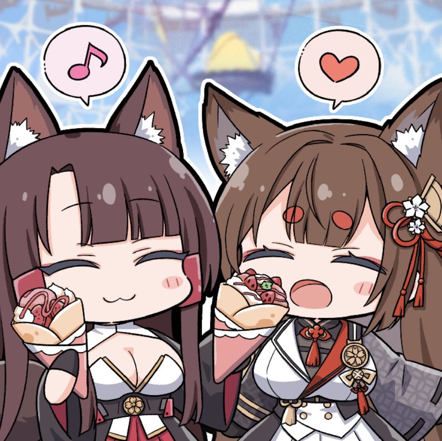 2girls akagi_(azur_lane) amagi_(azur_lane) amagi_(cv)_(azur_lane) animal_ear_fluff azur_lane breasts brown_hair chibi chibi_only cleavage closed_eyes crepe eyeliner food fox_girl fruit hair_ornament jacket kitsune large_breasts long_hair long_sleeves makeup multiple_girls nejikirio official_art open_mouth pleated_skirt red_eyeliner red_skirt siblings sisters skirt strawberry very_long_hair white_jacket white_skirt