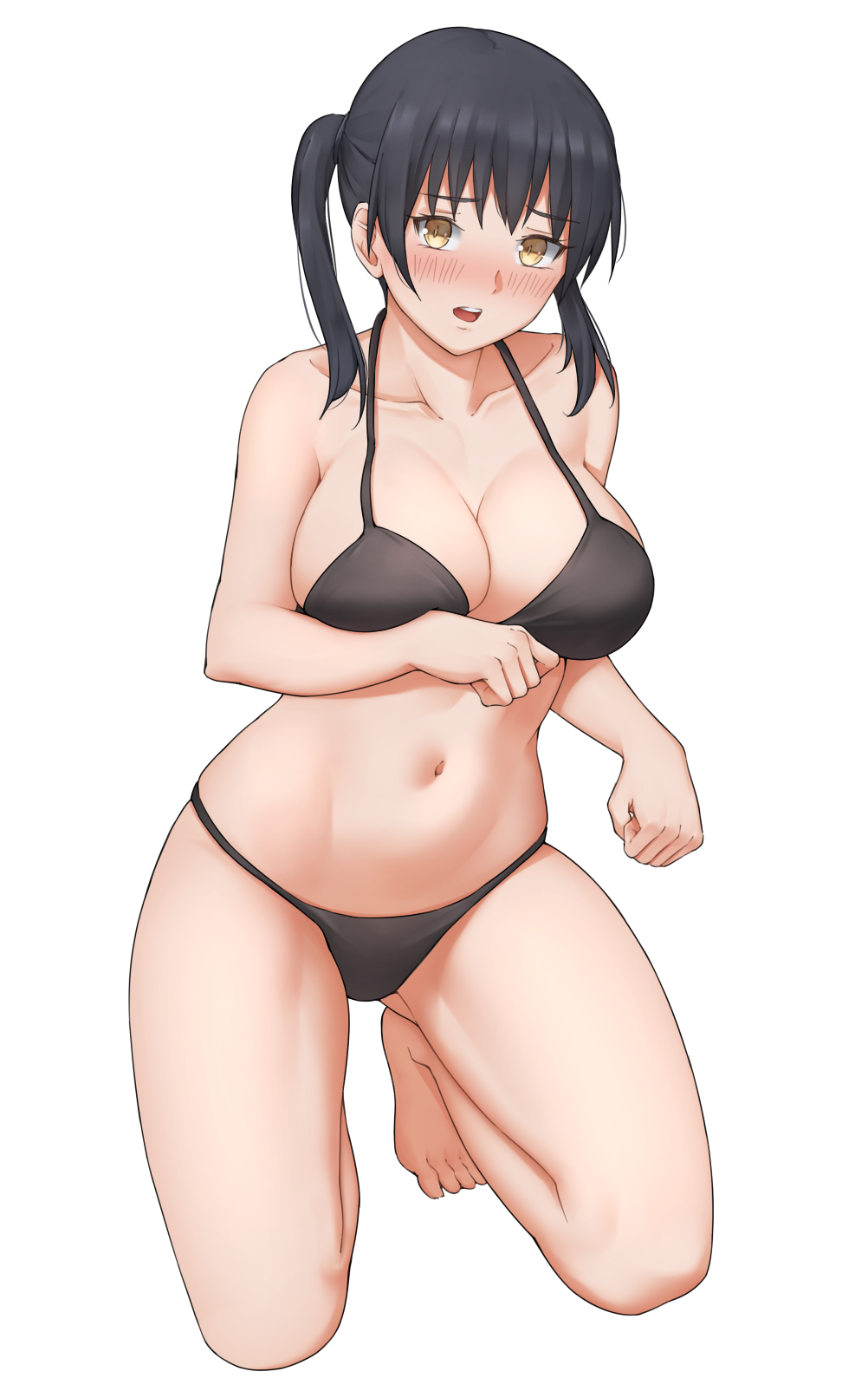 1girl arm_under_breasts bare_shoulders barefoot bikini black_bikini black_hair blush breasts cleavage collarbone commentary commission en&#039;en_no_shouboutai full_body groin halterneck highres kneeling large_breasts long_hair looking_at_viewer midriff navel nose_blush open_mouth sarhce sidelocks simple_background solo string_bikini swimsuit tamaki_kotatsu teeth twintails upper_teeth_only white_background yellow_eyes