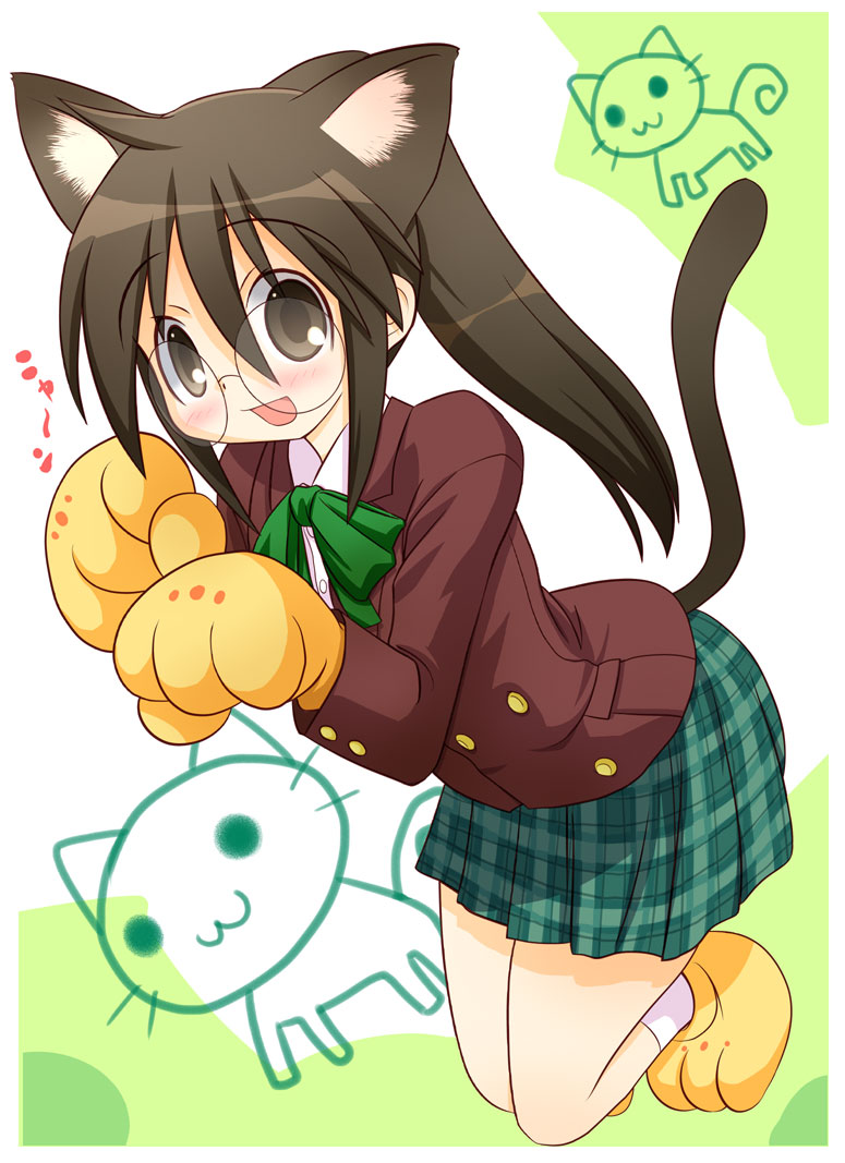 1girl animal_ears animal_hands brown_hair cat_ears cat_paws cat_tail female_focus ga_geijutsuka_art_design_class glasses kemonomimi_mode solo sugina_fujitaka suneko tail yamaguchi_kisaragi