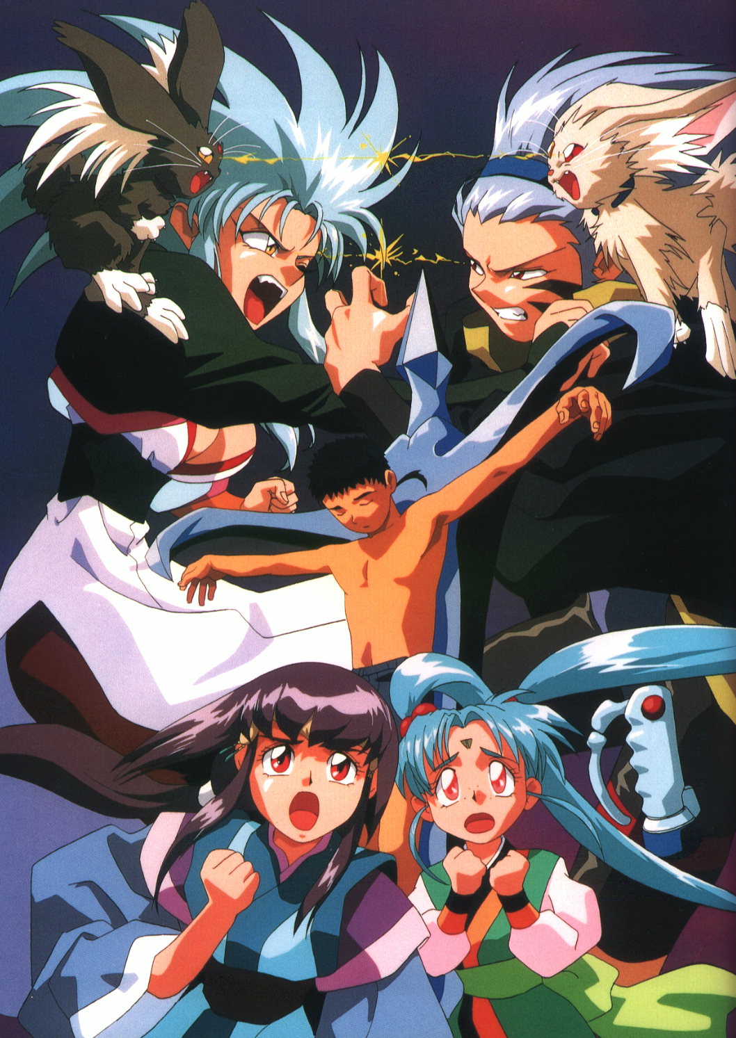 1990s_(style) 1boy 4girls black_hair blue_hair facial_mark forehead_mark freckles highres ken-ouki masaki_aeka_jurai masaki_sasami_jurai masaki_tenchi multiple_girls nagi_(tenchi_muyou!) pink_eyes purple_hair red_eyes retro_artstyle ryou-ouki ryouko_(tenchi_muyou!) spiked_hair tenchi_muyou! tenchi_muyou!_uchuu_hen twintails yellow_eyes