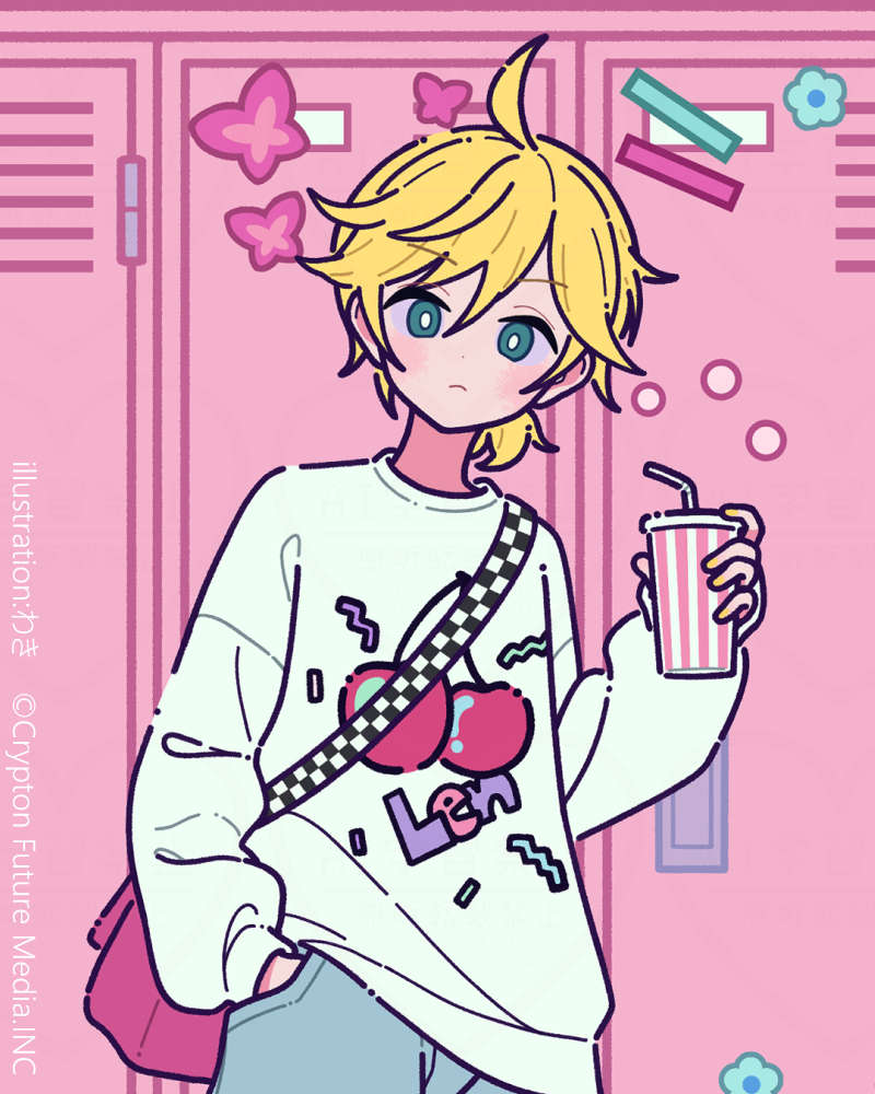 1boy ahoge bag bendy_straw blonde_hair blue_eyes blush closed_mouth clothes_writing commentary cup disposable_cup drinking_straw grey_pants hand_in_pocket holding holding_cup kagamine_len locker looking_at_viewer low_ponytail male_focus neki_(wakiko) official_art pants ponytail shirt shoulder_bag solo vocaloid white_shirt