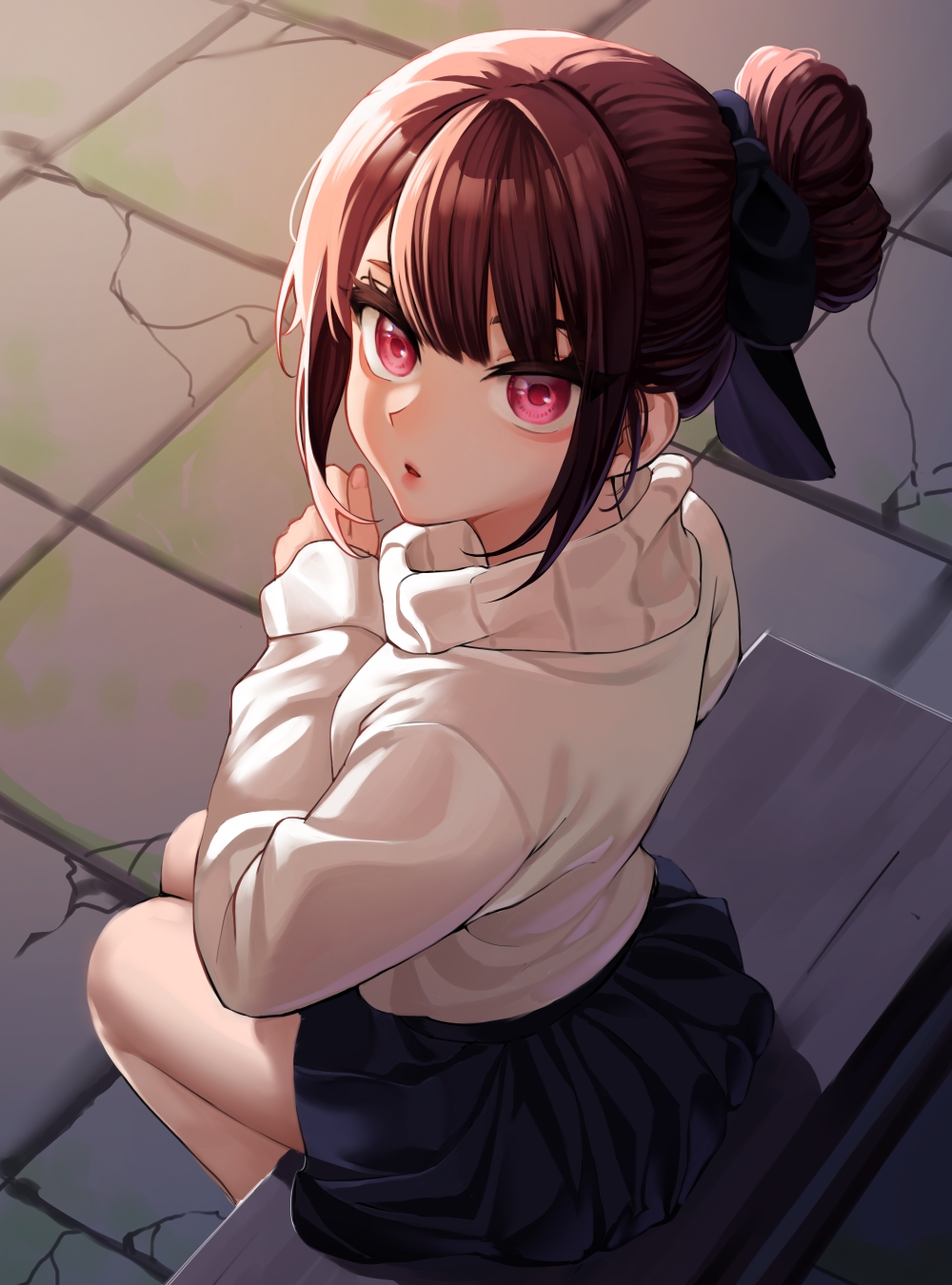 1girl :o blue_skirt broken_tile brown_hair chibbang from_above hair_bun highres jururu looking_at_viewer looking_to_the_side red_eyes single_hair_bun sitting skirt solo sweater tiles virtual_youtuber waktaverse white_sweater