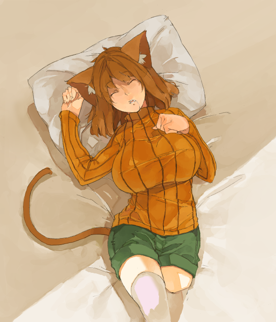 1girl animal_ears breasts brown_hair cat_ears cat_tail closed_eyes female_focus gradient_background hand_on_own_chest haruka_(muneneko) large_breasts long_sleeves muneneko on_bed orange_shirt original pillow ribbed_sweater saliva shirt shorts sleeping smile solo sweater tail thighhighs white_thighhighs