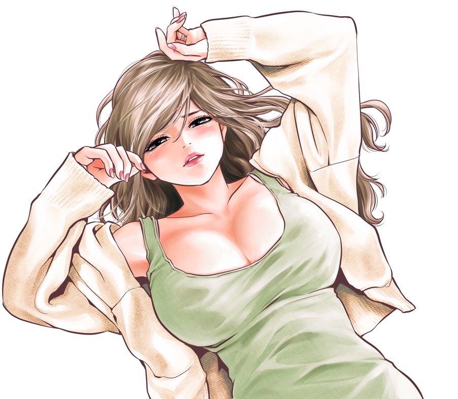 1girl breasts brown_eyes brown_hair cardigan cleavage collarbone date_yuzu green_tank_top half-closed_eyes hare-kon. jewelry large_breasts long_hair lying nail_polish non_(mangaka) on_back open_cardigan open_clothes parted_lips pink_nails ring solo tank_top upper_body wedding_ring