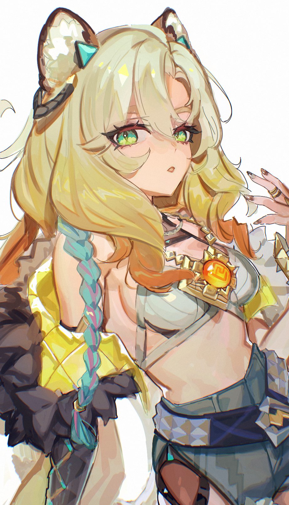 1girl animal_ear_fluff animal_ears belt black_belt black_shorts blonde_hair breasts crop_top cutoffs funa_(sakana) fur-trimmed_jacket fur_trim genshin_impact gold_nails gradient_hair green_eyes hair_between_eyes hand_up high-waist_shorts highres jacket jaguar_ears jewelry long_hair looking_at_viewer medium_breasts multicolored_hair nail_polish off_shoulder open_mouth orange_hair ring shirt shorts simple_background solo stomach white_background white_jacket white_shirt xilonen_(genshin_impact)